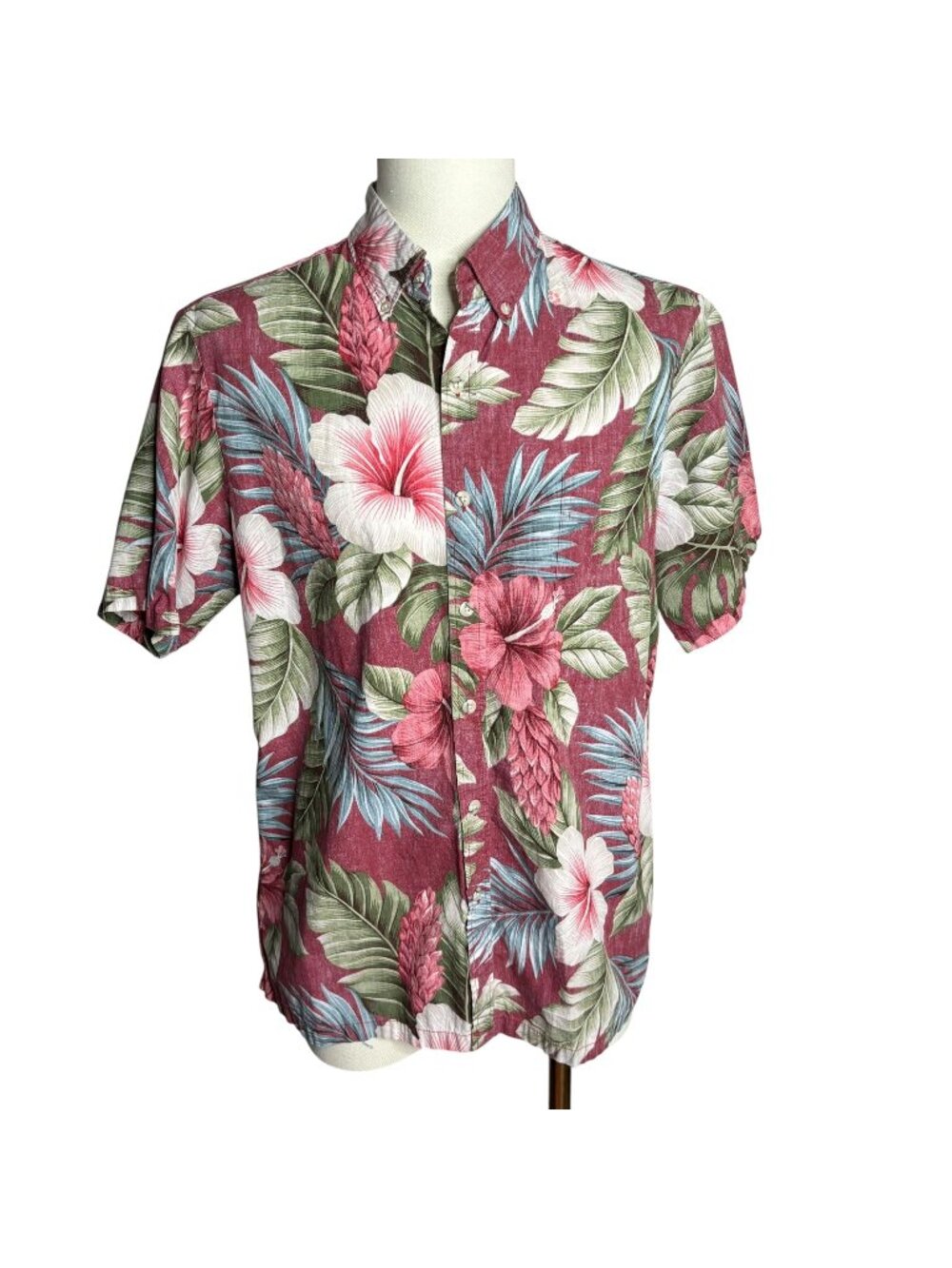 Vintage 90s Reverse Print Hawaiian Camp Shirt L Red Floral Button Down Rayon